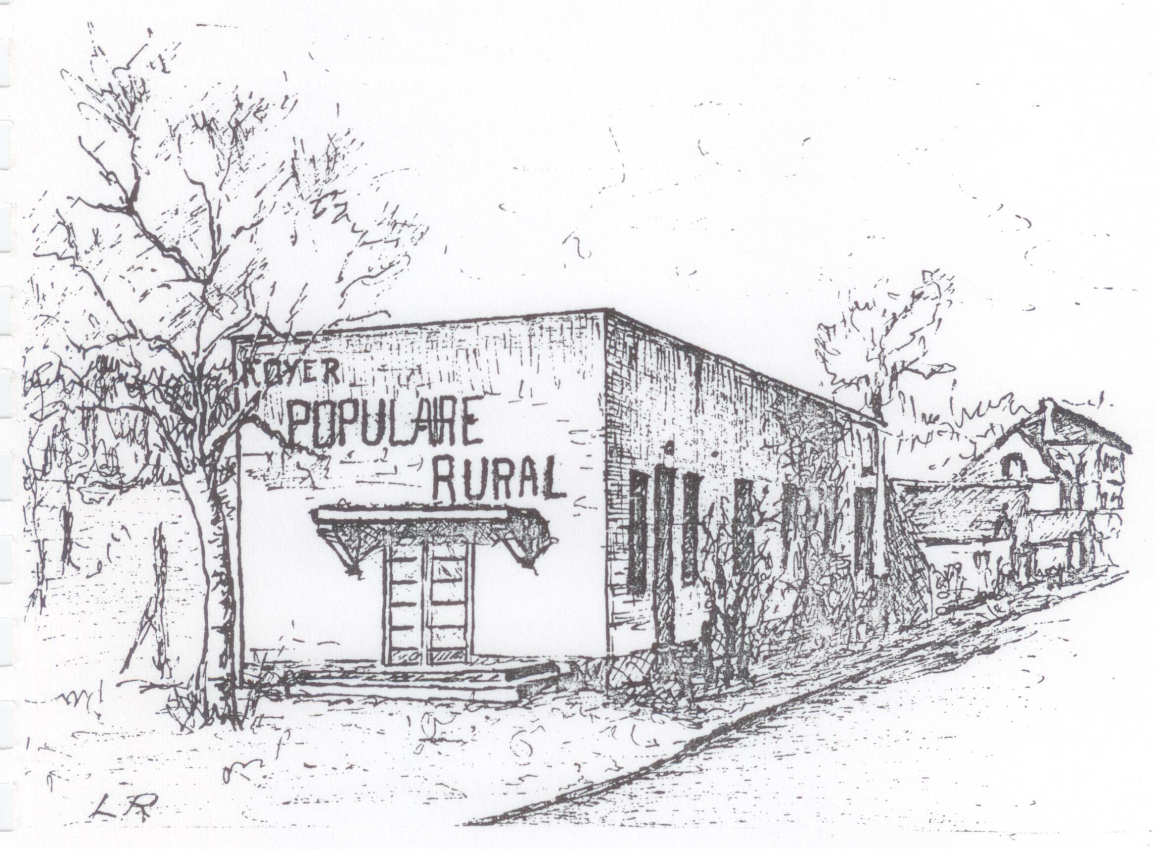 Dessin à la plume du bâtiment du Foyer populaire rural de Merlieux, au bord d'une rue bordée d'arbres et de maisons, signé L.R.