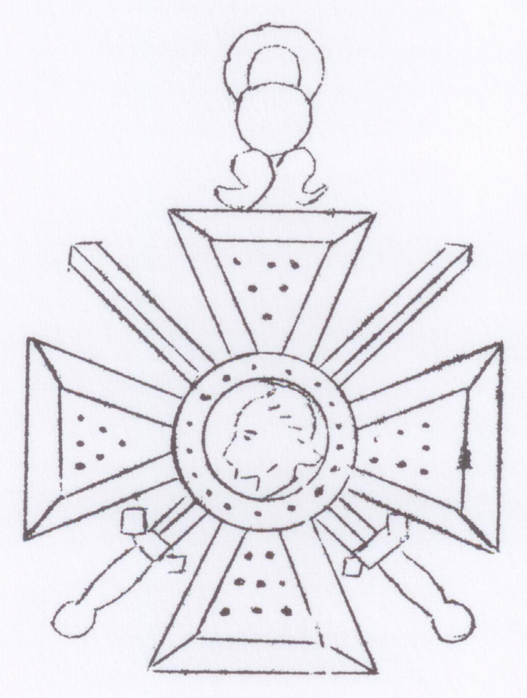 Dessin de la croix de guerre 1914-1918 : croix pattée à quatre branches avec deux épées croisées et une effigie au centre, suspendue à un anneau