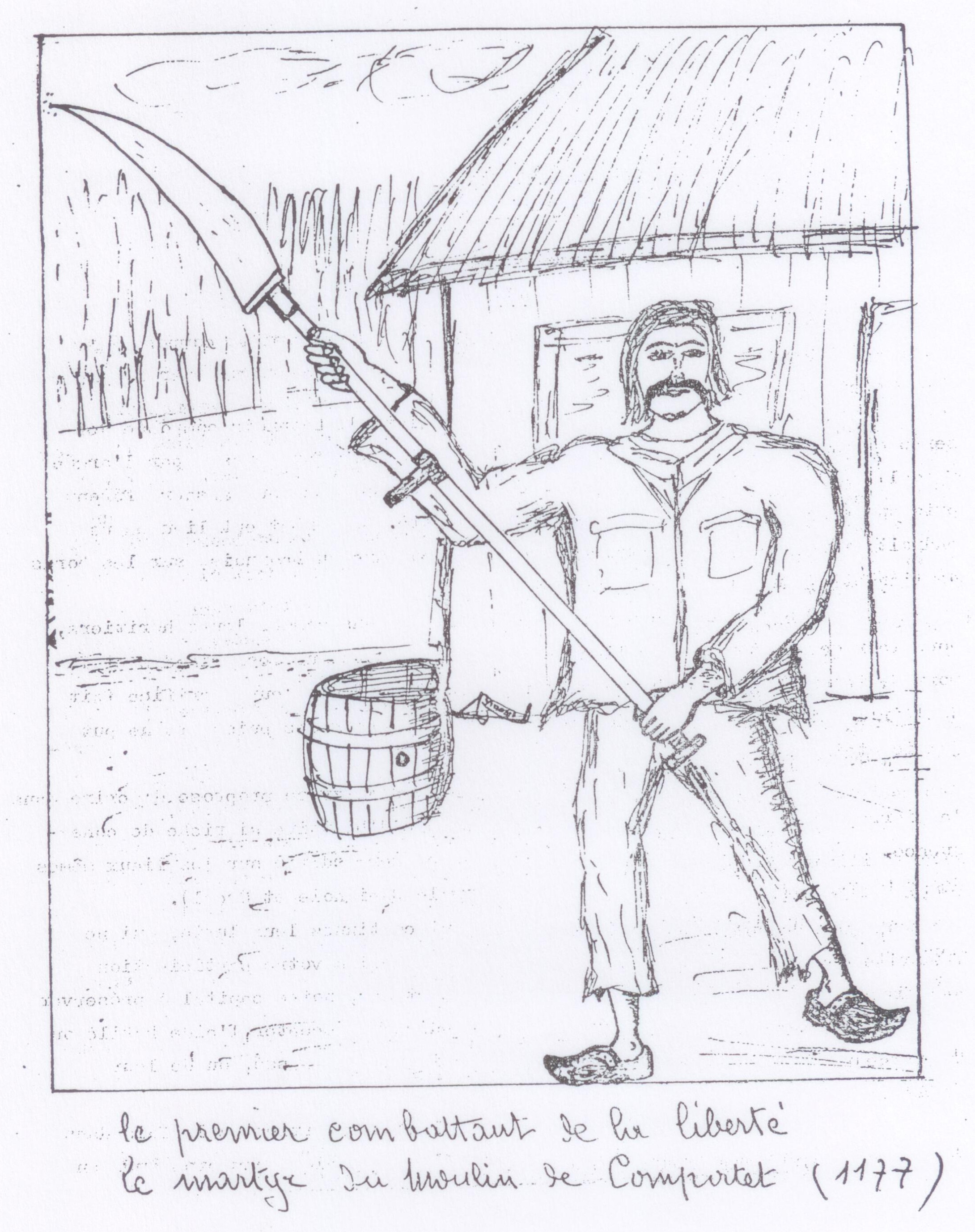 Dessin d'un paysan moustachu en sabots, tenant une faux emmanchée en arme et un seau, devant une chaumière
