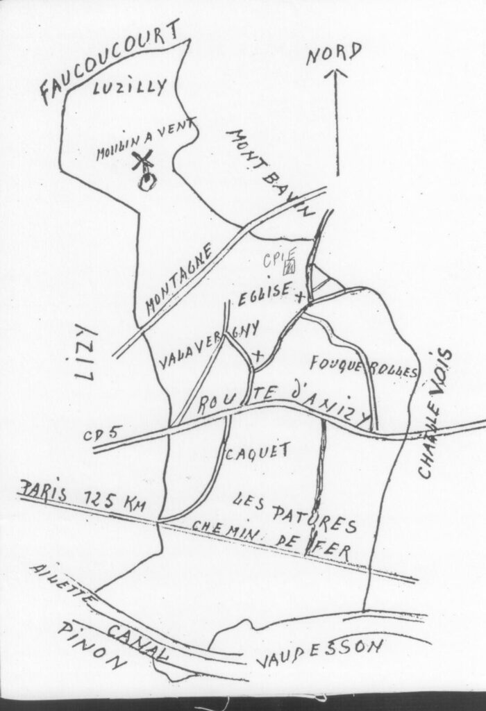 Carte dessinée à la main du territoire de Merlieux : Luzilly, Valavergny, Fouquerolles, le Caquet, les Pâtures, la route d'Anizy, le chemin de fer et le canal