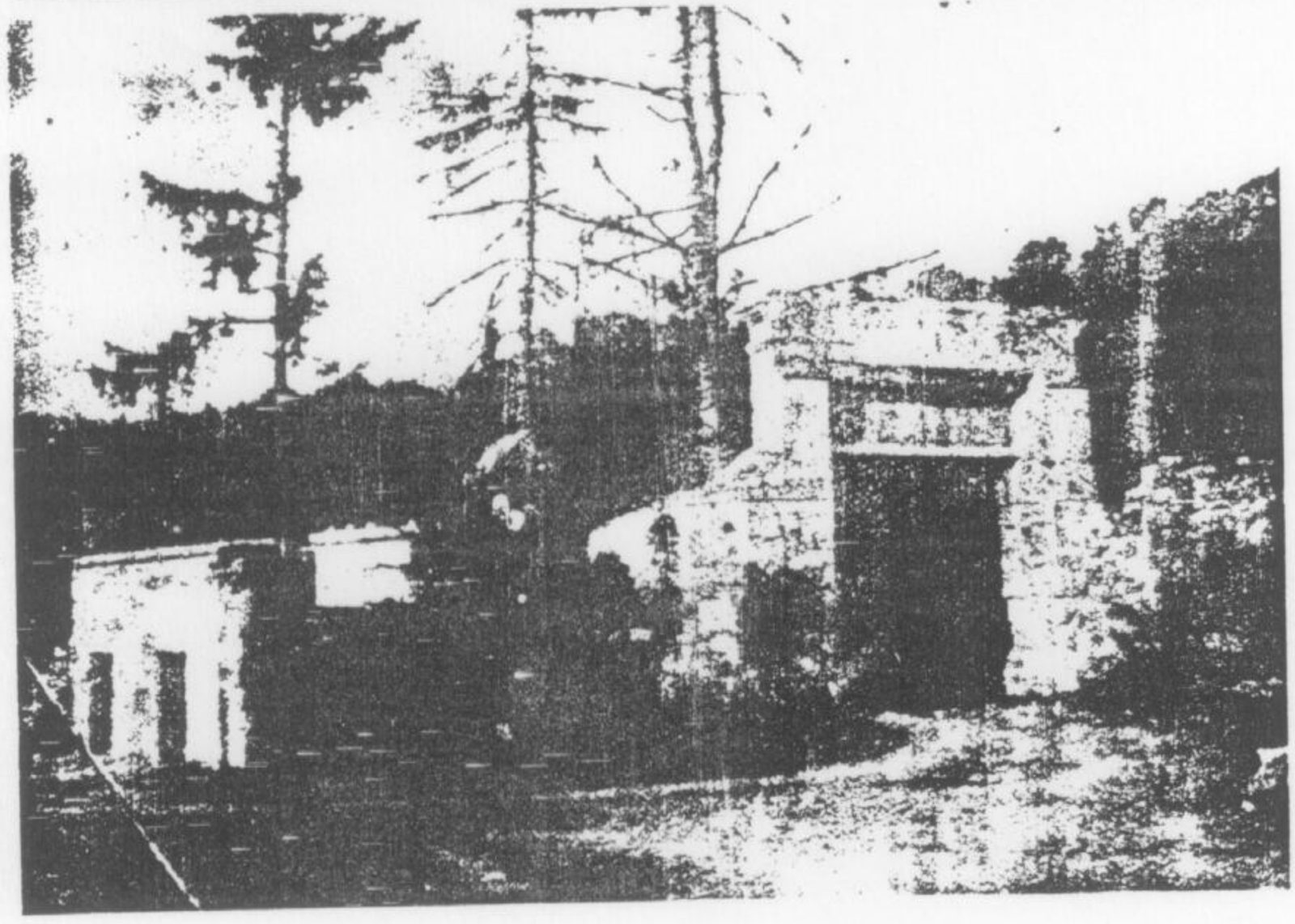 Ruines du château de Valavergny : bâtiments en partie détruits et porche d'entrée, entourés d'arbres