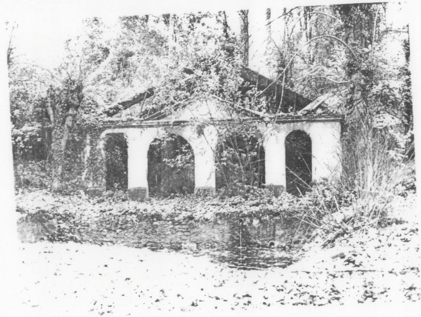 Le lavoir envahi par la végétation, avec ses arcades blanches et sa toiture effondrée