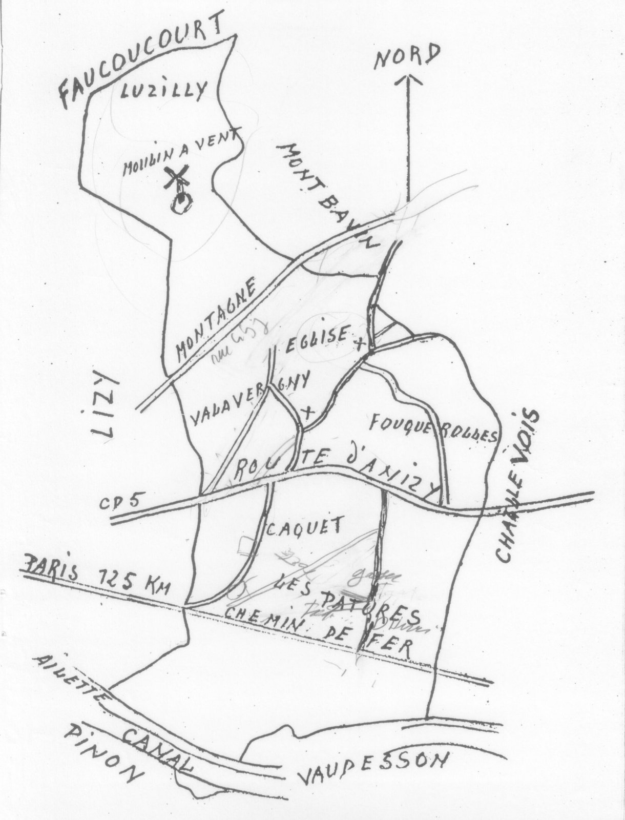 Carte dessinée à la main du territoire de Merlieux : Luzilly et son moulin à vent, la Montagne, l'église, Valavergny, Fouquerolles, le Caquet, les Pâtures, la route d'Anizy, le chemin de fer et le canal