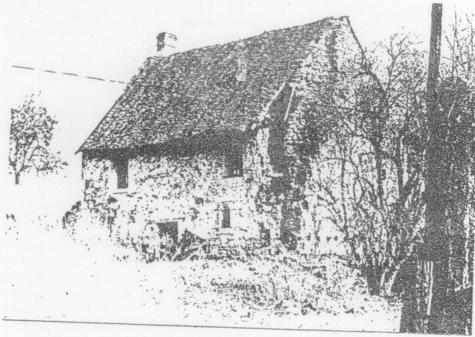 Maison ancienne en pierre au toit pentu, entourée de végétation