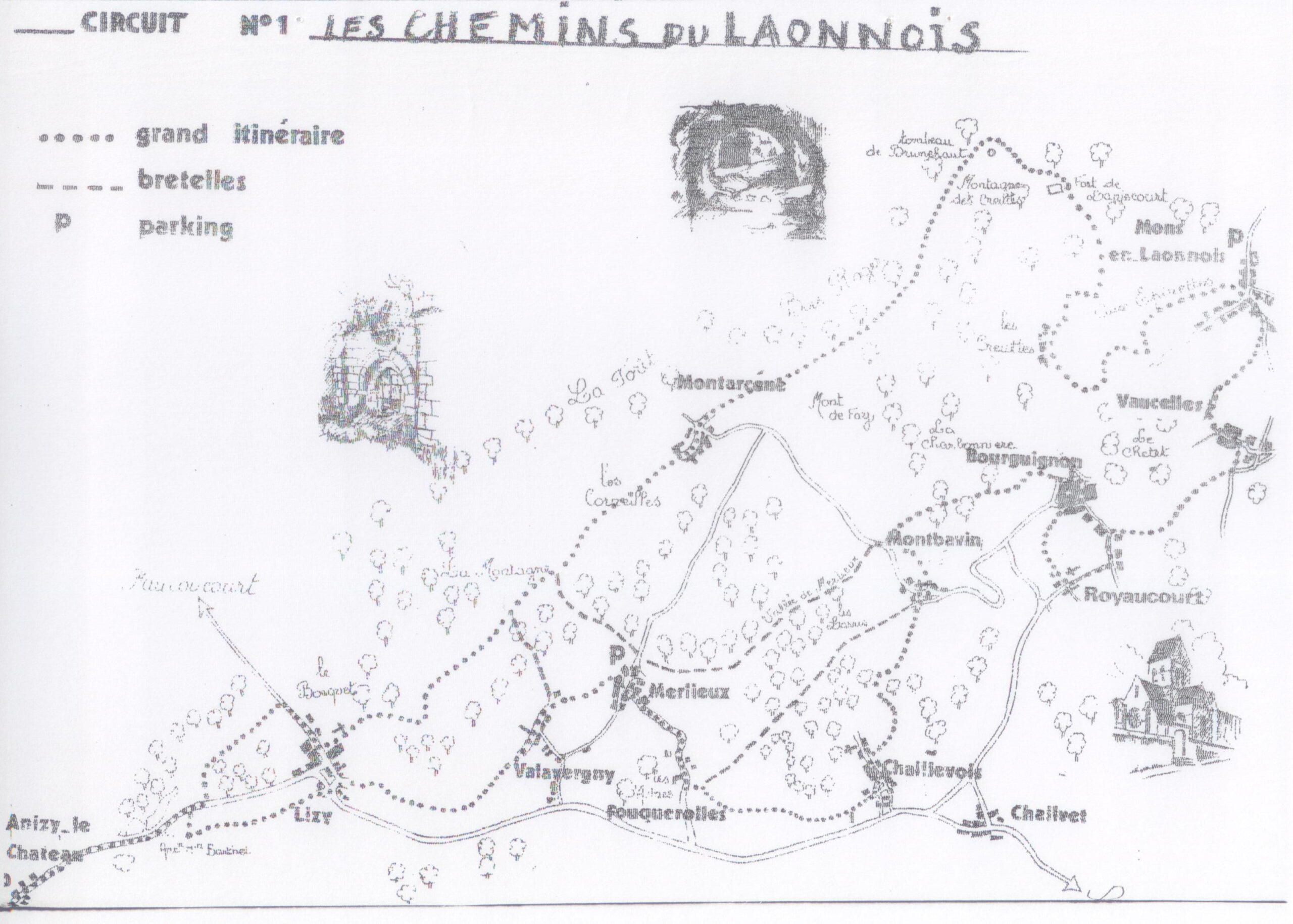 Carte dessinée du circuit n°1 « Les chemins du Laonnois » : grand itinéraire en pointillés et bretelles reliant Anizy-le-Château, Lizy, Valavergny, Merlieux, Fouquerolles, Chaillevois, Chailvet, Royaucourt, Bourguignon, Montbavin, Montarcène, Vaucelles et Mons-en-Laonnois, avec parkings et petits dessins de monuments