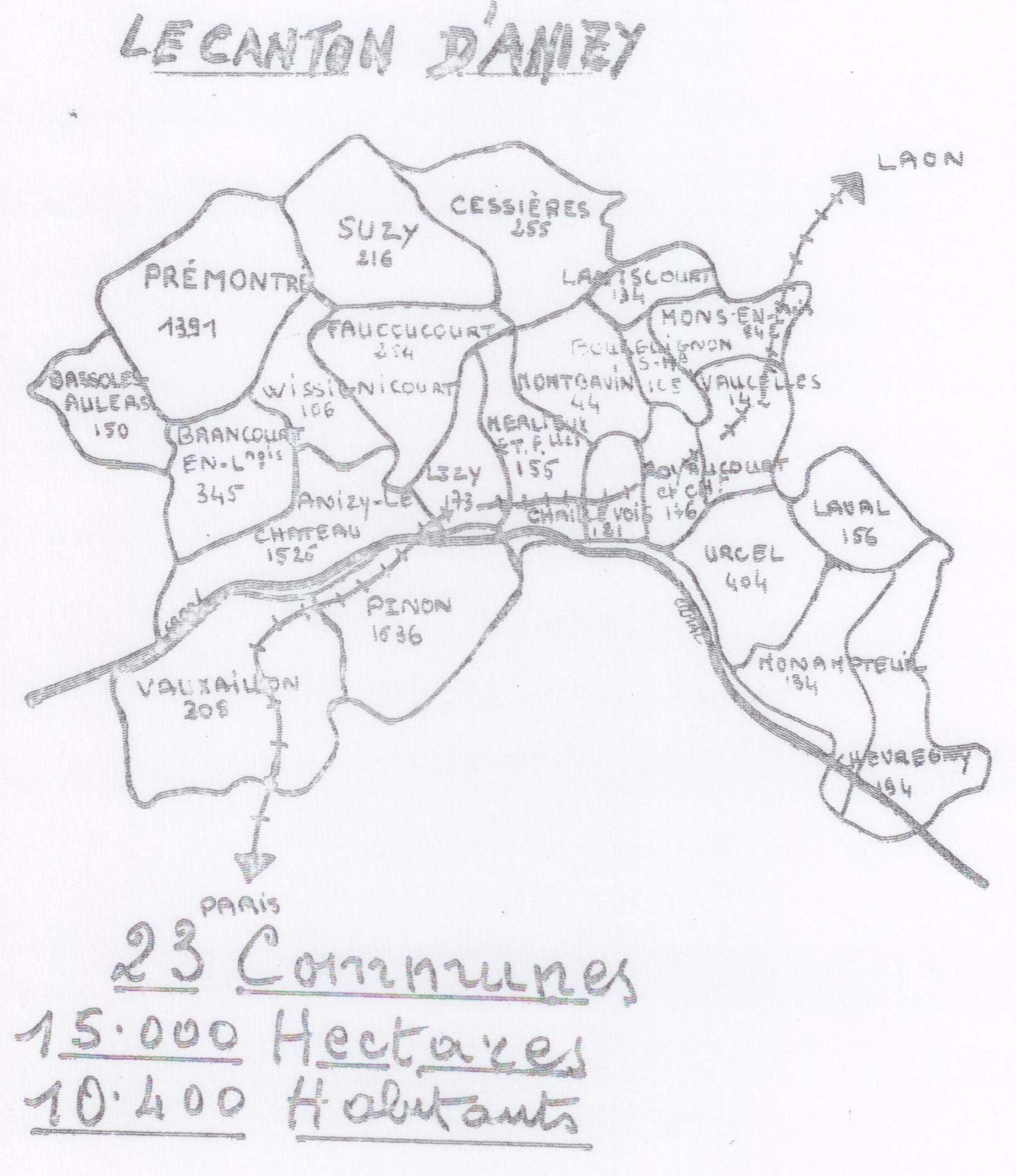 Carte dessinée du canton d'Anizy avec ses communes et leur population, dont Merlieux-et-Fouquerolles (155 habitants), la voie ferrée vers Laon et Paris ; 23 communes, 15 000 hectares, 10 400 habitants