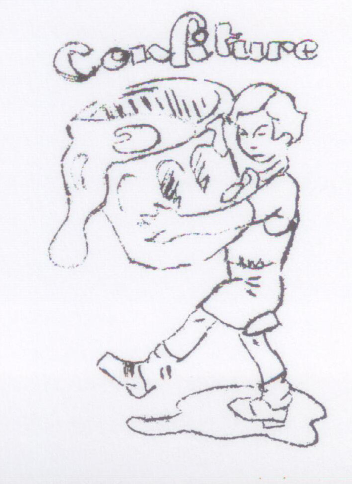 Dessin humoristique : un enfant porte dans ses bras un énorme pot de confiture qui déborde, sous l'inscription « Confiture »