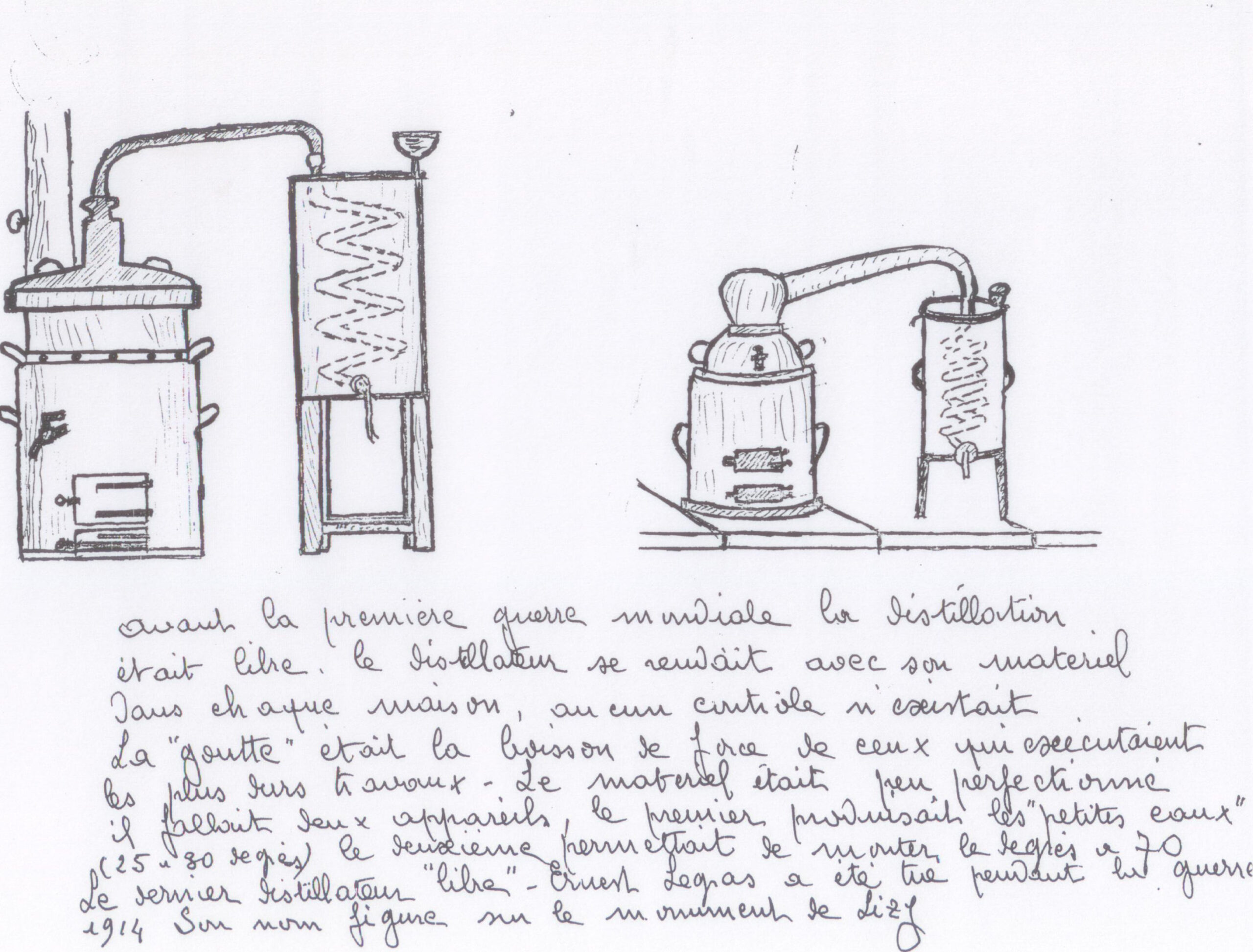 Dessin de deux alambics avec leur chaudière et leur serpentin de refroidissement, accompagné d'un texte manuscrit sur la distillation