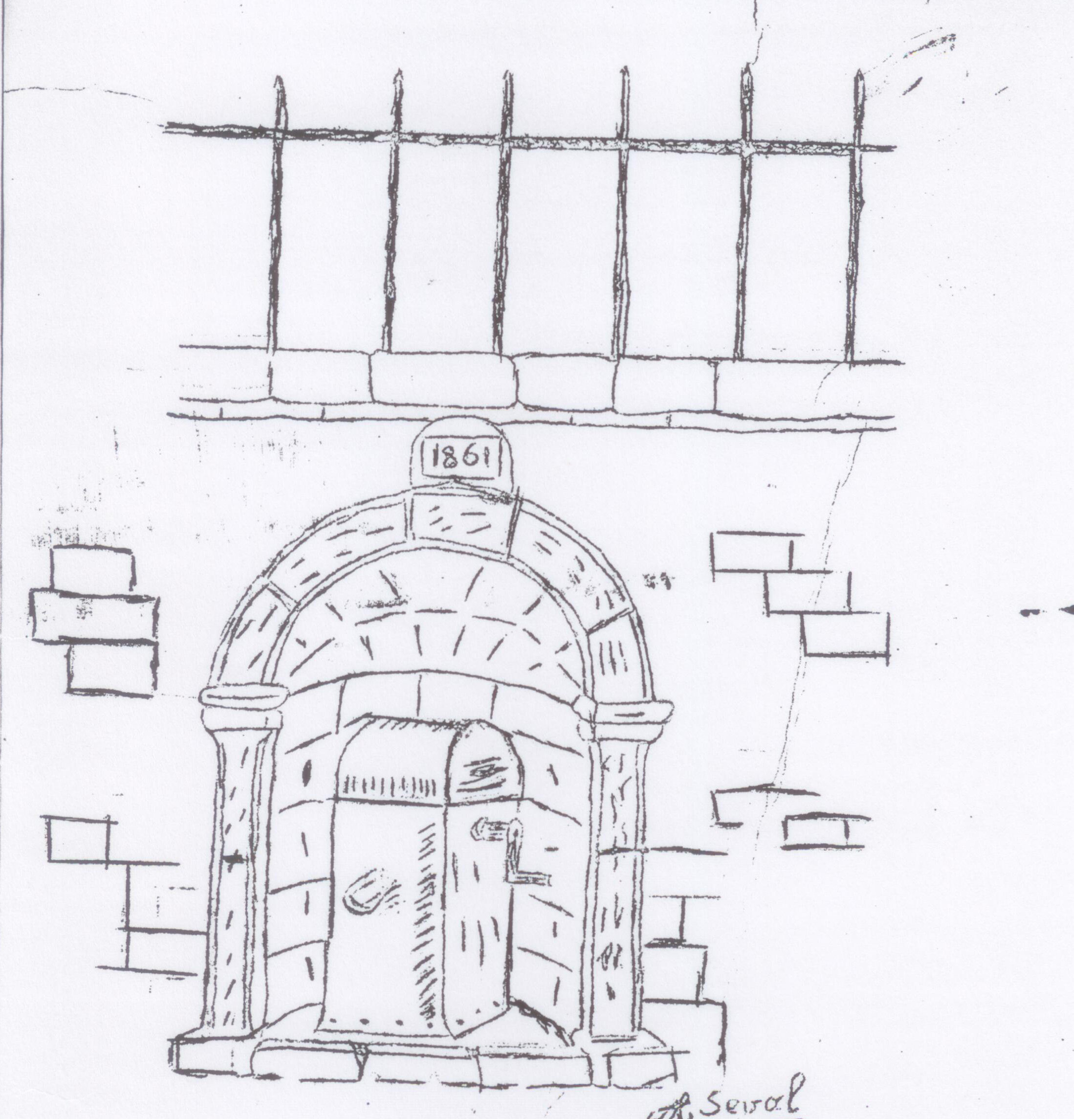 Dessin d'une fontaine dans un mur : porte en plein cintre entre deux colonnettes, surmontée d'un cartouche daté 1861 et d'une grille ; signé A. Seval