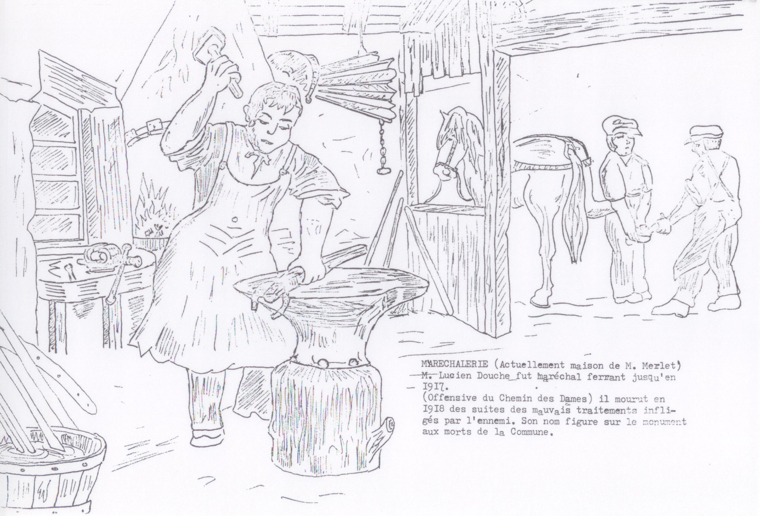 Dessin d'une forge : un maréchal-ferrant frappe un fer sur l'enclume devant le foyer et le soufflet ; au fond, deux hommes ferrent un cheval
