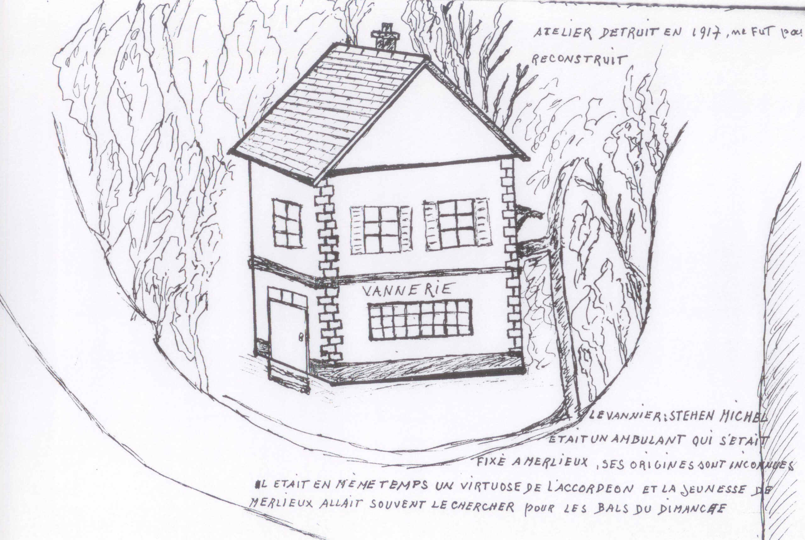 Dessin d'une maison à étage portant l'enseigne « Vannerie », au bord d'un chemin bordé d'arbres