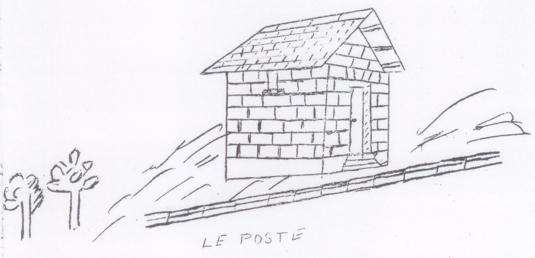 Dessin d'une petite maison en pierre de taille au toit d'ardoises, au bord d'un chemin en pente