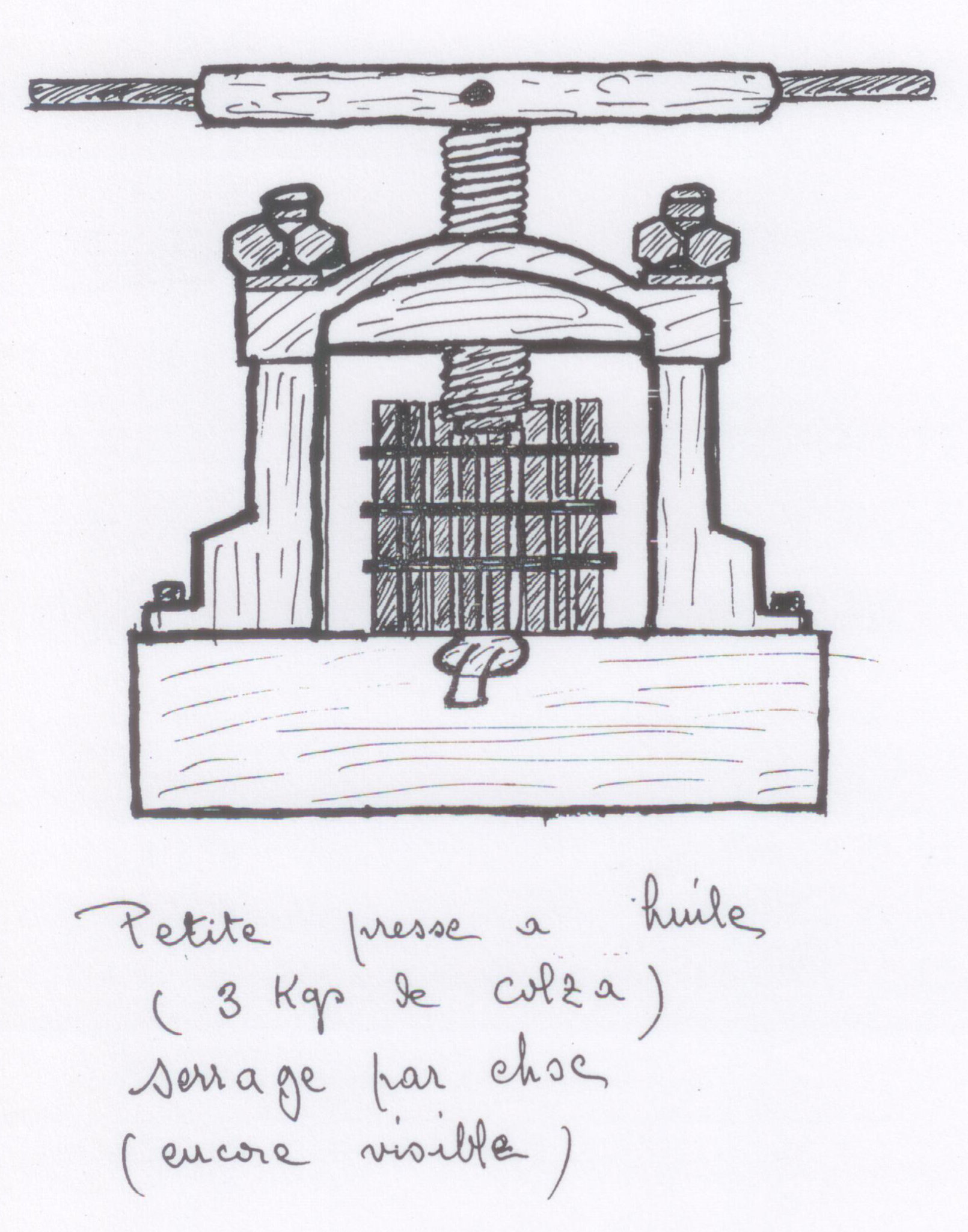 Dessin d'une petite presse à huile à vis, avec une cage à barreaux et un bec verseur