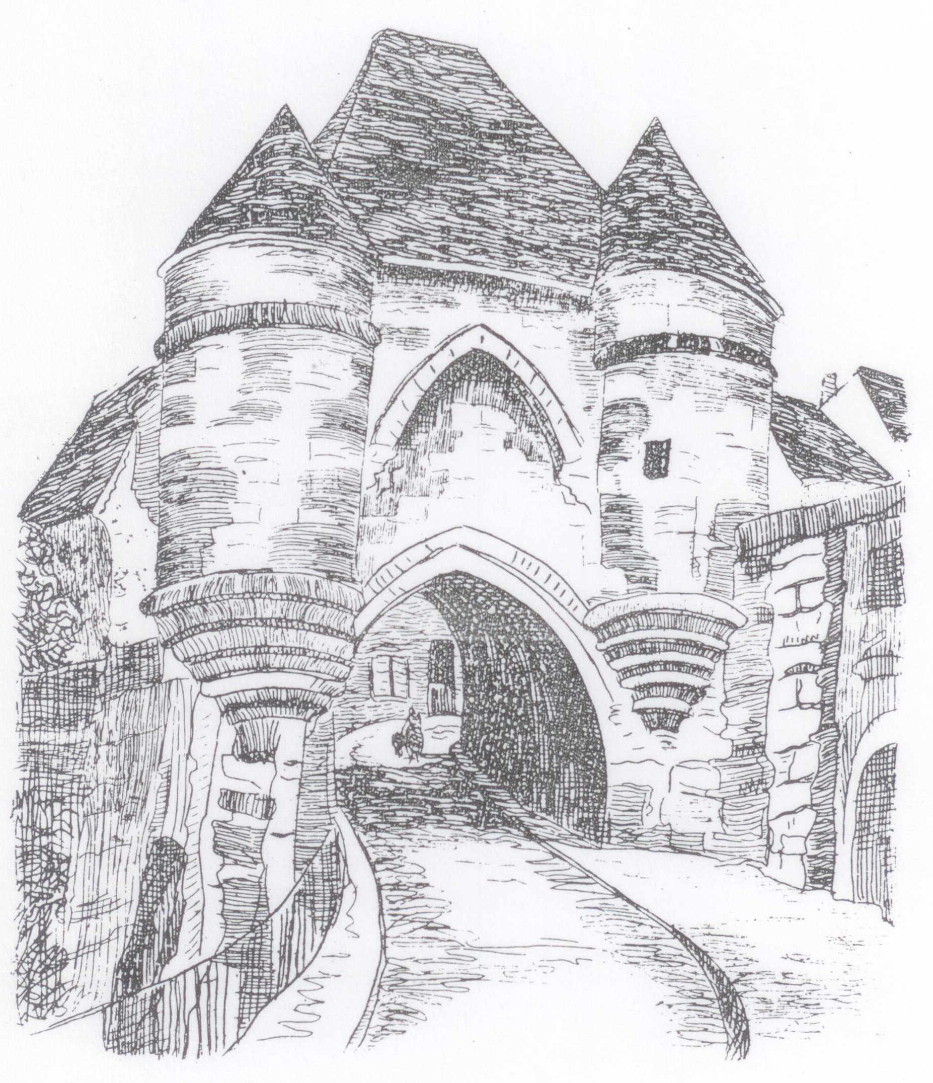 Dessin à la plume d'une porte fortifiée médiévale : deux tours rondes à toits coniques sur encorbellements encadrant une arche en ogive, et une rue pavée