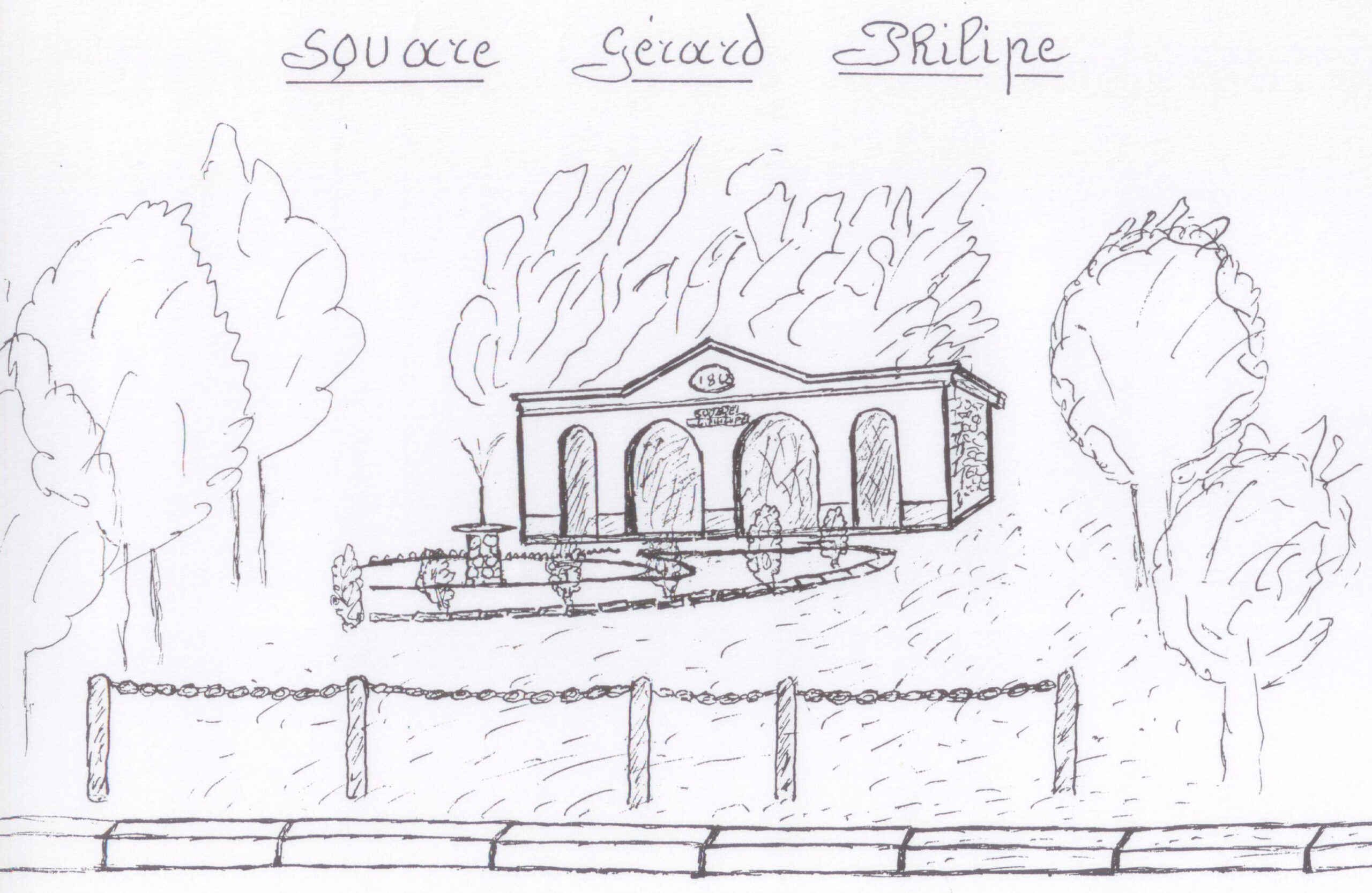 Dessin du square Gérard-Philipe : bâtiment de l'ancien lavoir à quatre arcades, massifs, arbres et clôture à chaînes le long du trottoir